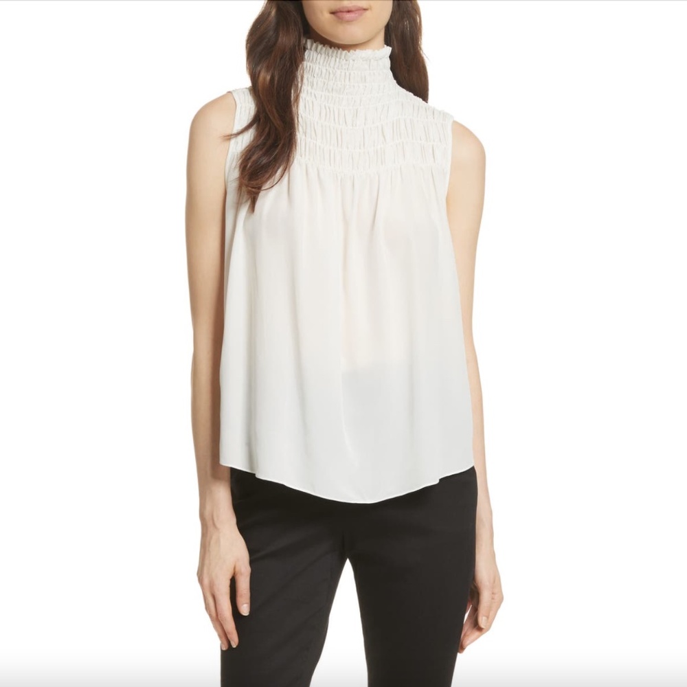FRAME Smocked Sleeveless Silk Blouse In Off White